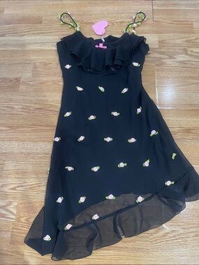 DollSkill- Women Black Floral Embroidered Ruffle Dress